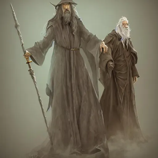 Prompt: charater concept full body, a wizard that looks like Gandalf, tall pointed hat, ornate robes, magic staff, smoking a long pipe, golden cat eyes, background + the misty mountains + long winding paths + tall old trees, aged, wise, wrinkles, dungeons and dragons, octane render, unreal engine 5, intricate details,