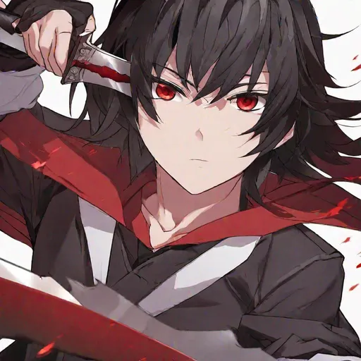 Prompt: Damien (male, short black hair, red eyes) going insane, holding a knife