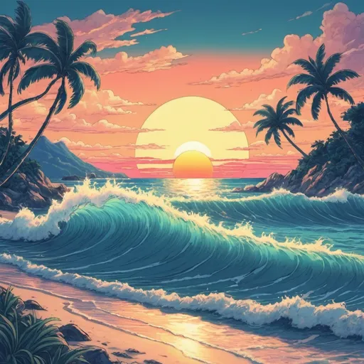Prompt: 90's anime, ocean waves, sunset, tropical island, hand-drawn, filter grain, low saturation