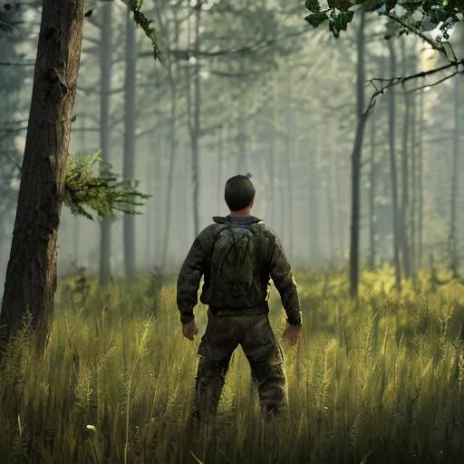 Prompt: last man standing, DayZ style, forest background, hyper realistic, full body, full modern armor, hunter
