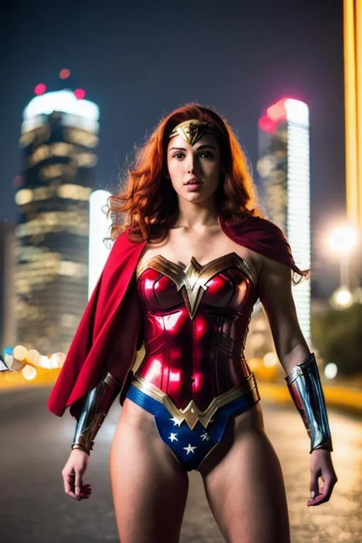 Prompt: 20 years old wonder woman with a full suit on, a cape behind, a crown on the head, long red hair, detailed hair, realistic hair, whole body, head-to-toe full-frame body shot, a beautiful and urban city background, night time, a mythical figure, a lovely and thick body, cinematic shot with natural lighting, dark theme, metallic reflection, sharp and darkness, seductive body with a cute face, detailed texture, whole body photoshoot, 8K realistic, sharp focus, glowing, life-like natural, nicely shaped body, whole body full shot, beautiful eyes, cinematic scene, best lighting, widescreen, urban photography, dynamic background.