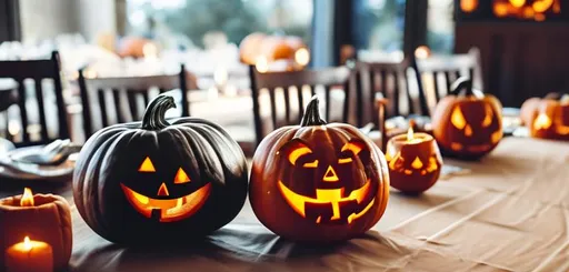 Prompt: numerous carved pumpkins for halloween sitting at tables in a restaurant