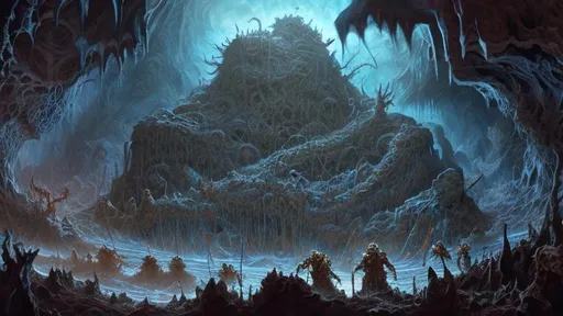 Prompt: Adrian smith, landscape, in caverns deep beneath the earth many eyes watch the heroes from the dark 