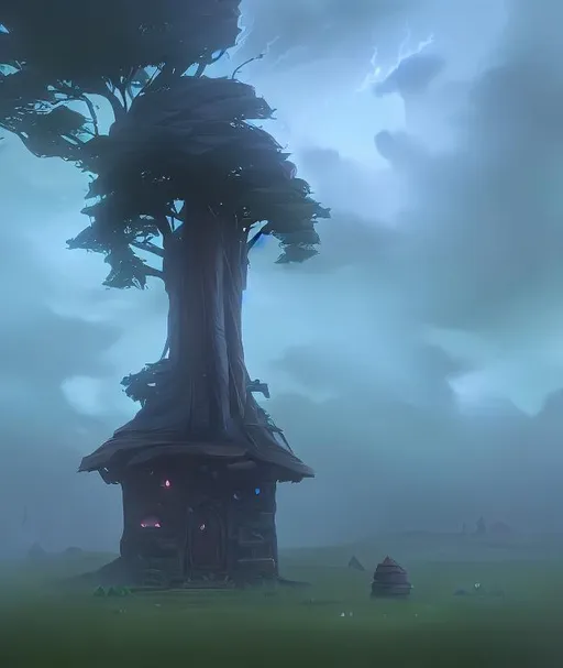 Prompt: small home and tree in storm