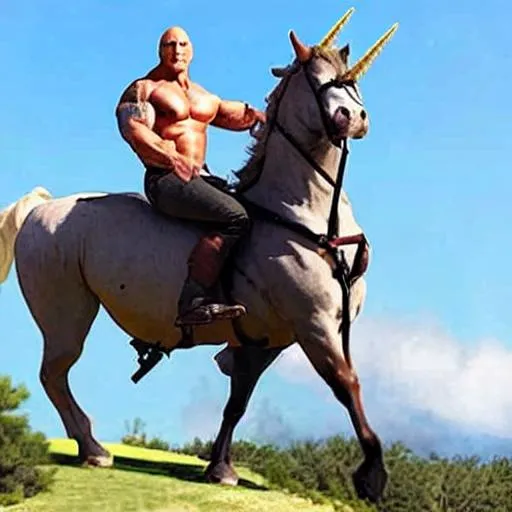 Prompt: dwayne johnson riding a unicorn 