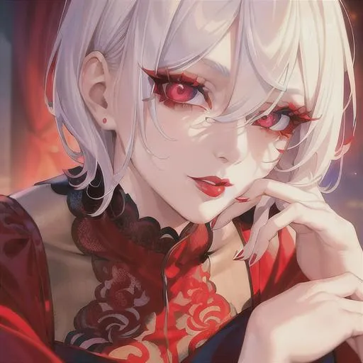 Prompt: (masterpiece, illustration, best quality:1.2), short trimmed white hair, devilish eyes, wearing red silky nightgown, best quality face, best quality, best quality skin, best quality eyes, best quality lips, ultra-detailed eyes, ultra-detailed hair, ultra-detailed, illustration, colorful, soft glow, 1 girl