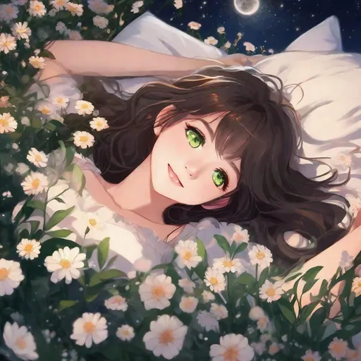 Prompt: close up shot, anime, girl, lying in a bed of flowers, headshot, deliriously happy, midnight, moonlight, dreamy filter, brunette, green eyes