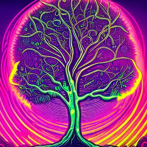 Prompt: Hypnotic illustration of bodhi tree, hypnotic psychedelic art by Dan Mumford, pop surrealism, dark glow neon paint, mystical, Behance