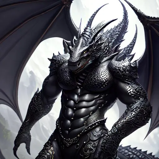 Prompt: Full-body detailed masterpiece, fantasy, high-res, 2D image, cell shaded, quality upscaled image, 4k, perfect composition; subject of this image is a bipedal dragon, black scales, athletic body, detailed pale grey human face, human face on a dragon head, beautiful webbed ears, serpents attached to shoulders