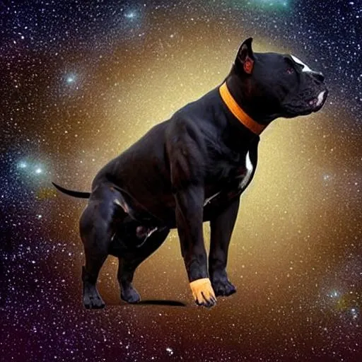 Prompt: Staffordshire bull terrier that is black and tan in colour. Set in a space scene