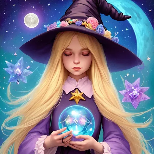 Prompt: witch with long blonde hair, using crystal ball, wearing witch hat, cute, flowers, aesthetic, pastel, fairycore, disney, pixar, moon, stars, witchcraft, in a starry pastel sky, sweet, dreamy, award winning illustration, artstation, highres