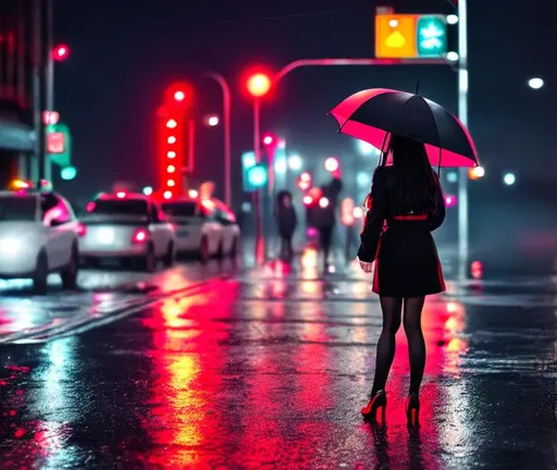 Prompt: RAW photo, a beautiful crying girl with small lips, red lipstick, long black hair, facing back, holding an big black broken umbrella with two hands without umbrella's canopy standing on the street with heavy rain at the midnight ,neon city, , reflection, photography,  movie shot