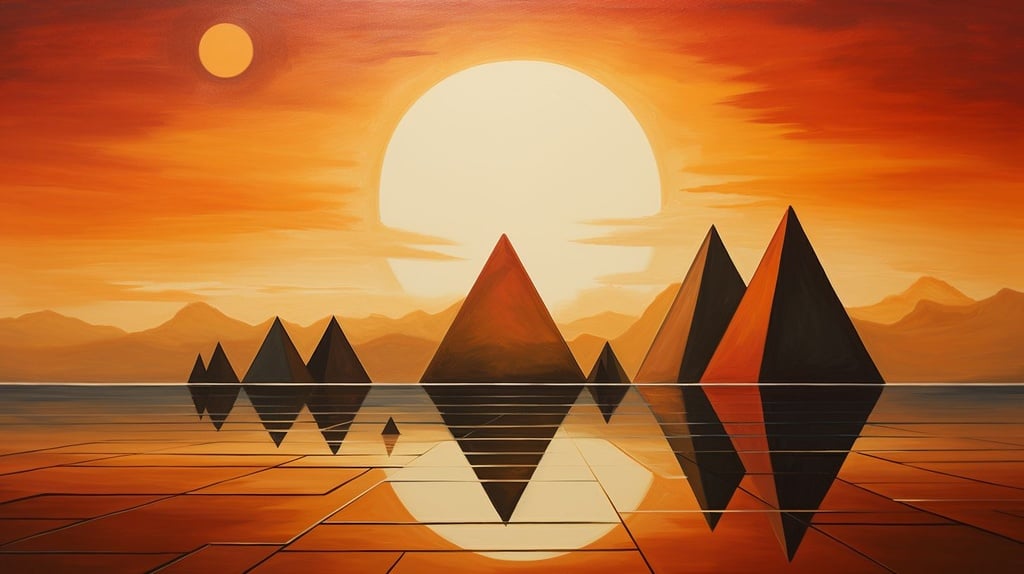 Prompt: pyramids in front of a sunset, moche art creamic