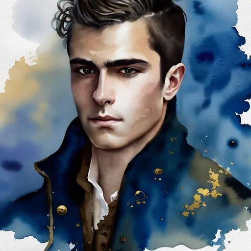 Prompt: watercolor portrait of a clean shaven handsome young man with intense, dark eyes with wavy dark hair in blue coat with gold buttons in medieval ballroom