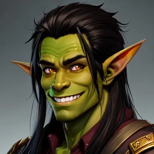 Prompt: a top down portrait of a handsome male goblin, long black hair. dark brown and green skin tone, exaggerated grin showing human teeth, wide face, slight and wiry, digital art, popular on Artstation