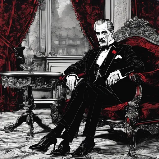 Prompt: (Boris Karloff talking to Vincent Price), Black and White pen and ink sketch style, dark color scheme, elegantly gothic attire, intricate details, dim lighting, dramatic shadows, opulent background, luxurious textures, ornate furniture, deep reds and blacks, baroque patterns, solemn atmosphere, rich color tones, dark romanticism, ultra-detailed, 4K, photorealistic masterpiece, timeless elegance.