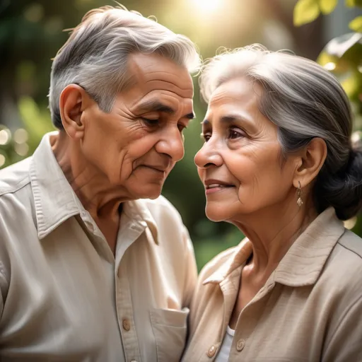 Prompt: (photorealistic closeup) Latin old couple, (subtle contemporary clothing), in a serene garden, soft blurred background, (happy expressions) gazing lovingly at each other, (warm soft sunlight), captured with a 50mm lens, ultra-detailed, emphasizing depth and intimacy in the moment, creating a nostalgic and heartwarming ambiance.