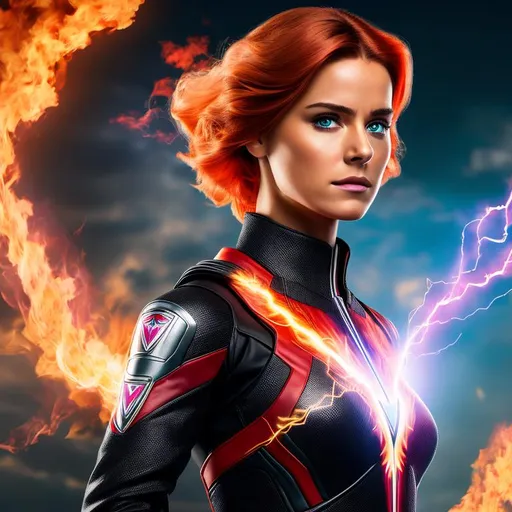 Prompt: High-resolution hyperrealistic photo of valeria-richards brainstorm merged with rachel-summers phoenix, {strawberry blond hair}, red costume, flames, fury, rage, phoenix-force, marvel comics, photorealistic, highly detailed, uhd, hdr, 64k