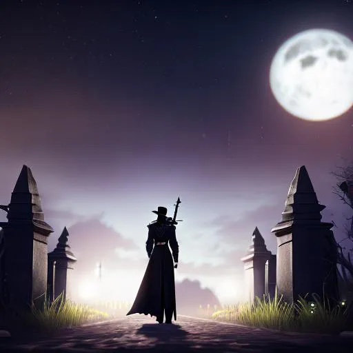 Prompt: Vampire Strong Male Sits on the wall of a graveyard wearing black clothes and a black trench Coat has a pistol and sword super detailed midnight with stars shining and a full moon dynamic lighting shadowed magical dark fantasy beautiful 4k artistic hyperrealism unreal engine 5 uncanny valley fangs 