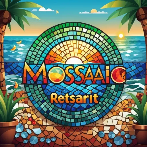 Prompt: Create logo for MOSAIC restaurant. Logo is mosaic art style, vibrant and lively atmosphere, panoramic ocean view, coastal theme, having colorful music notes for vibrant atmosphere, sunny and bright lighting