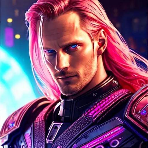 Prompt: CREEPY Android Man ((Alexander Skarsgård)) , DEAD  Eyes, Glow in Hair, intricately flowing hair, Rude Cyborg RED/CYAN GLOWING  Body, Intricate  PINK metal lace body armor, 50mm (((face close-up))), Cyberpunk Arena in the background, cinematic Shot, intricate details, Cinematic lighting, Soft light,  ((( ornamental artwork by Tooth wu and Beeple))) , insane details, photorealistic 