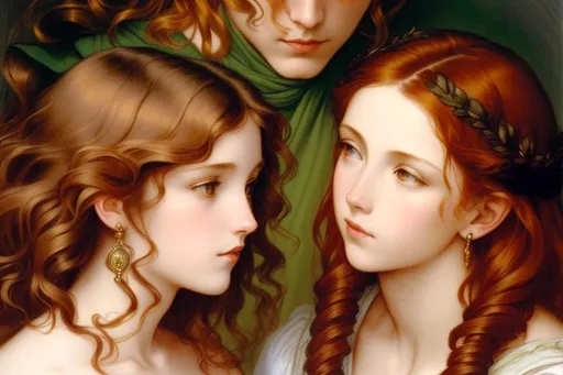 Prompt: two girls whispering a males ear from the sides,one girl has short hair,other girl has ginger long hair, art by donato giancola and evelyn de morgan and eugene delacroix. trending on artstation, intricate details, energetic composition,