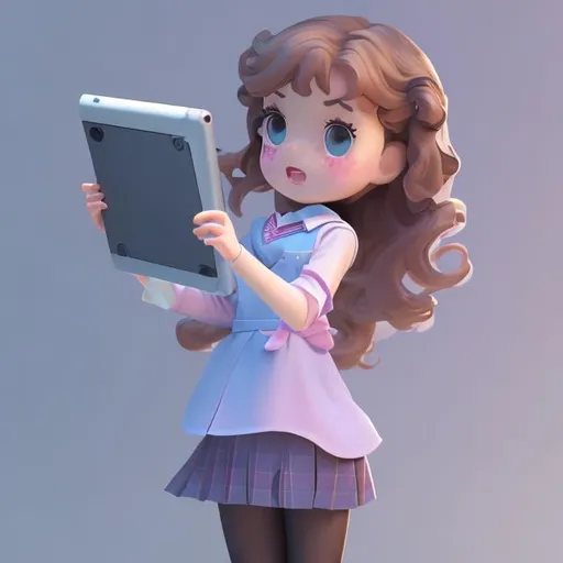 Prompt: Prompt:Tiny cute
teen girl in a secondary school uniform and formal chemise  and curly hair . girl is using 
tablet for studying the position,
standing character,
soft smooth lighting,
soft pastel colors,
skottie young, 3d
blender render,
polycount, modular
constructivism, pop
surrealism, physically
based rendering,
square image. with the number 2023 written on the tablet screen. 