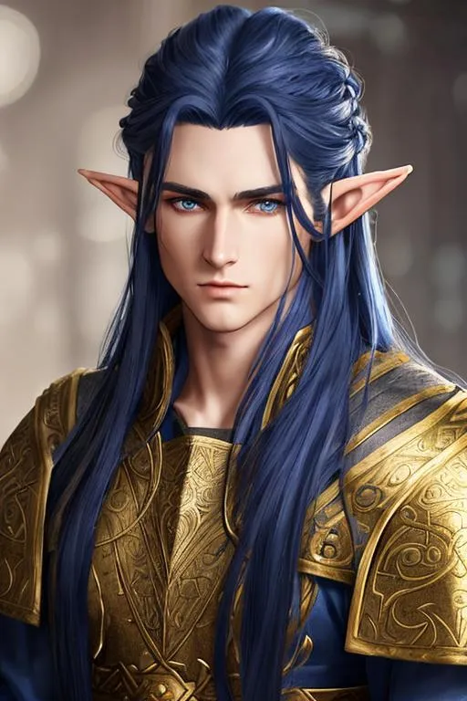 Prompt: male elf , dark blue long hair, very handsome face, long hair, dnd, yellow eyes , straight eyebrows, viking hairstyle, norse updo, viking updo,
perfect composition, photo realistic, super detailed, high quality, sharp focus, studio photo, intricate details, highly detailed