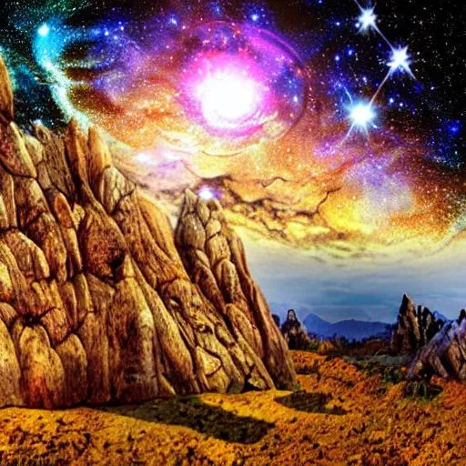 Prompt: fantasy world, sky and stars, and planets, and rocks, with valley, stars galaxies, 
