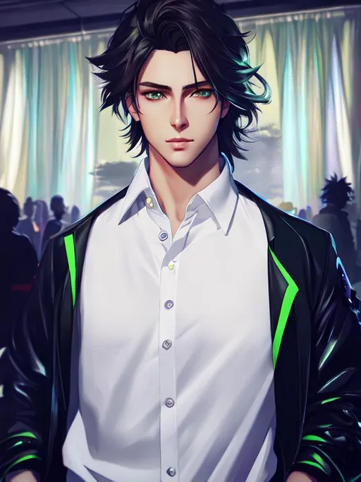 Prompt: illustration art, front, modern fashion, epic Instagram, artstation, hyperdetailed, unreal engine, modern anime anime style, complementary colors, 8k, deviantart masterpiece, oil painting, heavy strokes, young man, messy curtains hair, green pearl eyes, crossing his arms, collared shirt, tight sleeve shirt