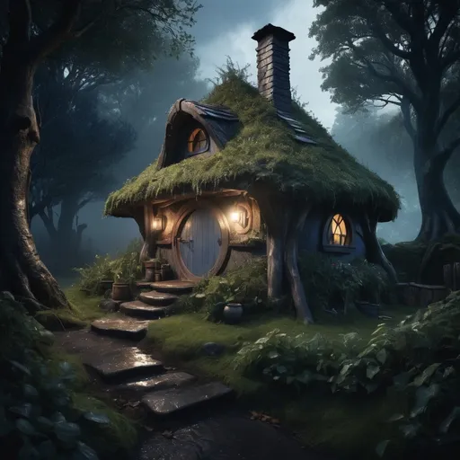 Prompt: Weathered, fantasy RPG style hobbit hut in forest, high res, eerie atmosphere, dark mood, heavy rain, detailed structure, detailed foliage, various trees, high quality, detailed, RPG, fantasy, weathered, atmospheric lighting, dense foliage, diverse trees, rustic, dark blue tones, smoke from chimney, night, dramatic view