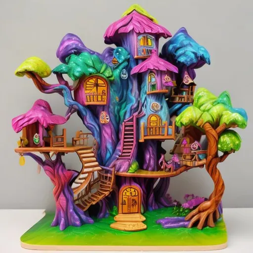 Prompt: Lisa frank style of tree house diorama 