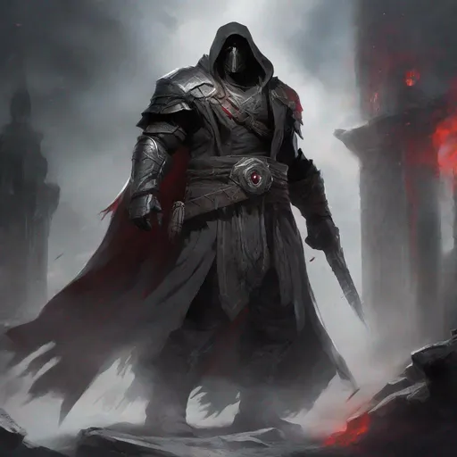 Prompt: Tall, Intimidating, Large, male, Solomon Grundy/goliath D&D build, black hair,  very dark grey scarred skin, covered in bandages, dark tattered cloth armor exposes his midriff, hood of magical darkness mask like Xûr, Agent of the Nine in destiny, large red gem between pecs in chest, Path of the Zealot Barbarian, Strong, wielding large two-handed great-axe, Fantasy setting, D&D, Dead clerics around him, undead, zombie