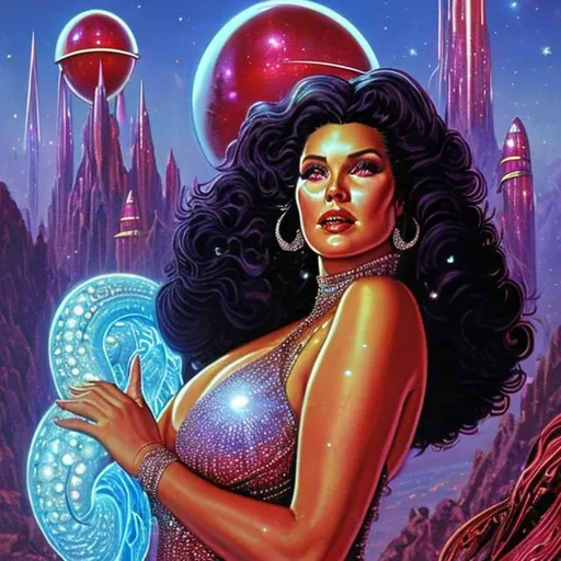 Prompt: 1970s science fiction fantasy cover art by Earl Norem. Close up of beautiful plus size sorceress wearing bikini dress, shimmering jewels, rhinestones, diamonds, sapphires, emeralds, rubies, moonstones. She has bright red flowing luscious hair, and luminous skin. On futuristic alien planet with Castle in the background illuminated by neon lights. Vibrant dramatic moody colors, with alien planets in the sky. 