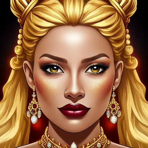 Prompt: Queen bee-A beautiful woman with golden hair arrainged in a top knot behind a gold tiara. Amber colored eyes,  dark red lips, gown in colors of yellow and black, facial closeup