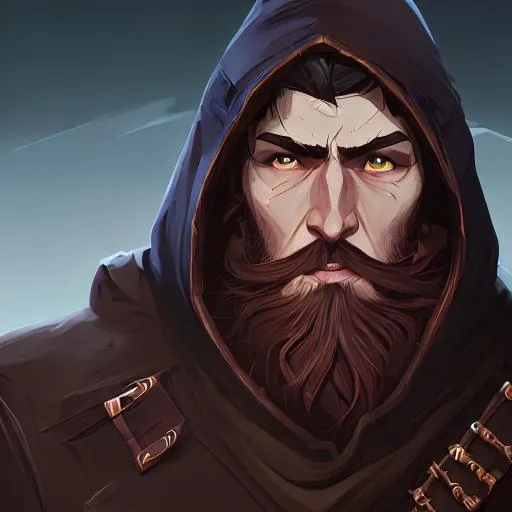 Prompt: rugged, male, hooded cloak, cowl, rogue, scout, ranger, brown eyes, straight nose, black hair, black very long beard, black twirled moustache, D&D, fantasy, intricate, elegant, highly detailed, digital painting, artstation, concept art, smooth, sharp focus, illustration, art by artgerm and greg rutkowski and alphonse mucha