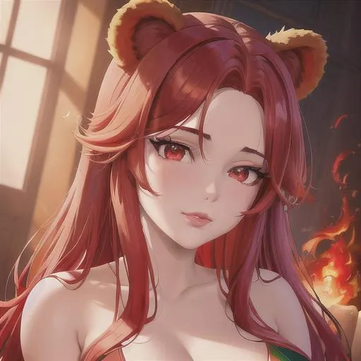 Prompt: portrait of goddess of fire, wearing red and green dress, oil painting, fire elemental, sanctum, straight scarlet hair, blessed, shiny red eyes, small bear ears, detailed lips, mesmerizing, gorgeous, stunning, highly detailed concept art, high resolution scan, hd octane render, intricate detailed, highly detailed face, unreal engine, trending on artstation, UHD, 8k, Very detailed