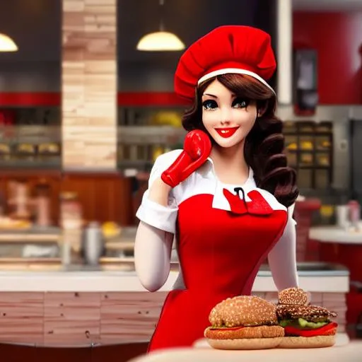 Prompt: Real life anthropomorphized Wendy's restaurant as a pin-up, Highly Detailed, Hyperrealistic, sharp focus, Professional, UHD, HDR, 8K, Render, HD, Trending on ArtStation, bokeh, outdoor