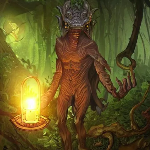 Prompt: dark reptilian cleric humanoid holding a lantern and a stuff in a ruined jungle temple in an  epic fantasy style