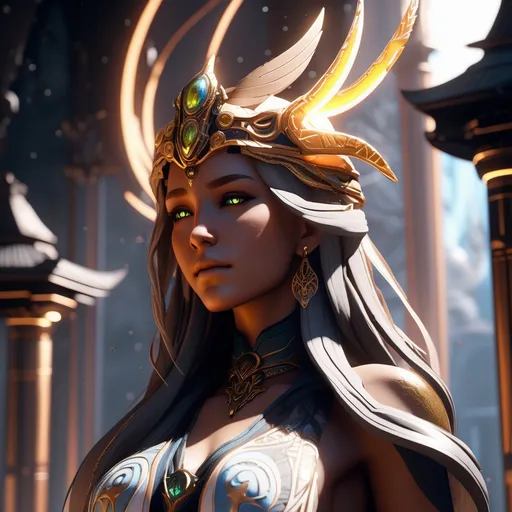 Prompt: Title: "Aetherial Emissary: Nordic Victorian Goddess Unleashed"

Essay Prompt:

Embark on a creative odyssey to breathe life into the divine persona of the Nordic Victorian Goddess, a celestial being that radiates power and elegance. Your task is to forge a visually mesmerizing anime warframe scene, utilizing the Canon EOS R6 Mark II camera with an 85mm lens to capture the goddess's majesty with precision and clarity in a 4K resolution.

Character Composition:
Seize the monumental presence of the Nordic Victorian Goddess in a full-body view, meticulously showcasing her attire, accessories, and symbolic elements. Embrace vibrant and vivid colors, weaving a harmonious palette that blends the grace of Victorian aesthetics with the raw power of the divine. Each element should contribute to a composition that transcends the ordinary, capturing the essence of both elegance and strength.

Lighting and Aura:
Guide artists in sculpting a radiant glow that emanates from the goddess, casting dynamic shadows and highlights across the environment. Encourage experimentation with lighting techniques to accentuate her divine aura, contributing to an immersive experience. Harness the cinematic approach of Unreal Engine 5, employing advanced texture mapping, realistic lighting, and detailed shading to bring forth the goddess's features and the intricacies of her celestial surroundings.

Setting and Environment:
Position the goddess in a juxtaposed environment—futuristic and dystopian. Merge architectural details, technological elements, and symbolic motifs reflective of both Nordic and Victorian influences. Foster creativity in crafting a unique and visually stunning scene, where the backdrop resonates with the contrasting elements of ancient mysticism and technological advancement.

Destruction and Aftermath:
As the goddess looms over her surroundings, prompt artists to infuse elements of destruction, such as crumbling buildings and airborne debris. Emphasize the necessity of realistic physics to depict destruction, intensifying the chaos and awe-inspiring nature of the scene. Stress the importance of meticulous attention to detail in portraying the aftermath, a testament to the goddess's profound impact on the world around her.

Lighting Effects:
Encourage experimentation with various lighting angles, shadows, and highlights to create a visually stunning and emotionally impactful composition. Employ dynamic colors and lighting effects throughout the scene, intensifying the visual experience and evoking profound feelings of awe and wonder in the beholder. This comprehensive essay prompt serves as a guiding light, leading artists to forge a true masterpiece that seamlessly combines intricate details, vibrant colors, and cutting-edge visual effects for an immersive anime warframe scene.