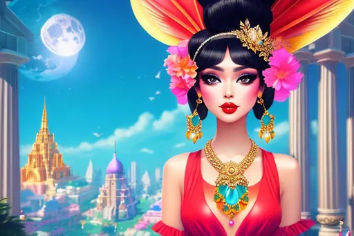 Prompt: head-on, surreal cartoon, high fashionista pose, glossy, walking toward viewer, stunning Mayan lolita, she is dressed like a summer queen, dramatic jewelry, statement necklace, background is architecture lit by the moon,  trending on artstation