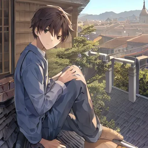 Prompt: A boy sitting on roof