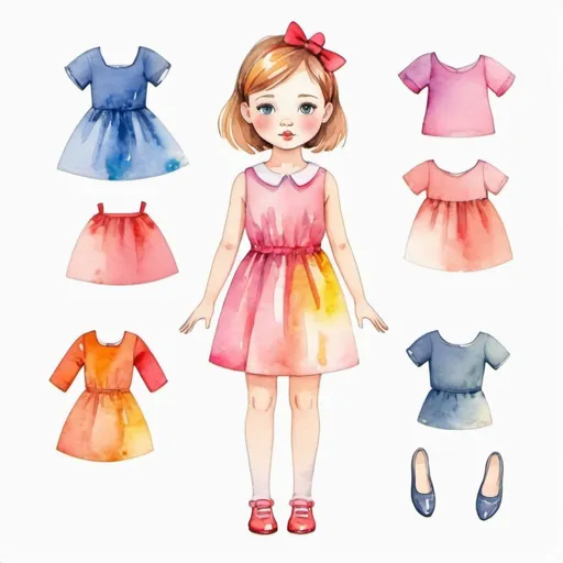 Prompt: young girl, modern bright children's clothing, standing straight, arms to the sides, paper doll, watercolor,