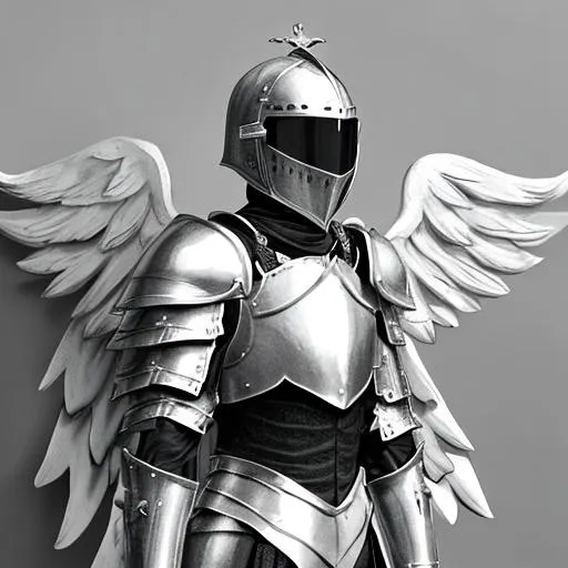 Prompt: Knight black and white armour with angel wings
