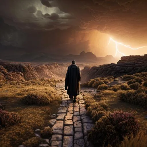 Prompt: ultra detailed Ancient rockey landscape, other worldly, subject:  man walking down a path, close to camera, looking at horizon in background, wearing dark robes, windy, undulating hills, mixed grasses, rocky, river, there's a sunset on horizon but a bad storm cell rages ahead, octane render, unreal engine 5, blender render, 24mm lens, wide shot, light rays, bokeh, spotlights, cinematic lighting, 3d ray tracing, 