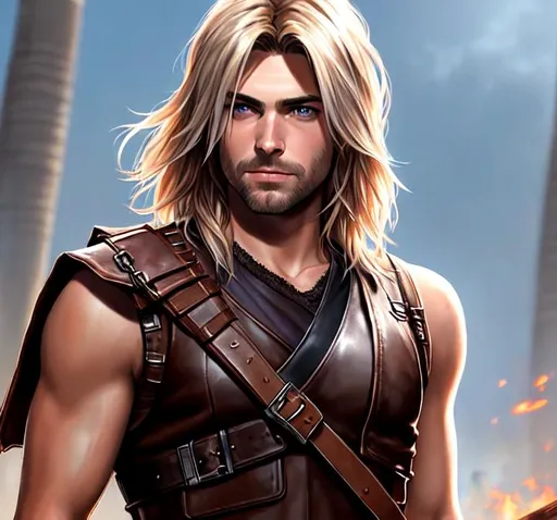 Prompt:  Kurt Cobain, male, sleeveless, brown eyes, battlefield, ethereal, brown leather Thief artifact vest from FFXI, jewelry set balayage wild hair, royal vibe, highly detailed, digital painting, Trending on artstation , HD quality, tan skin,artgerm,  by Ilya Kuvshinov 