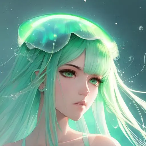 Prompt: a jellyfish girl with symmetrically white and green hair, perfect composition, anime, trending art, trending on artstation, by greg rutkowski, illustration, watercolor