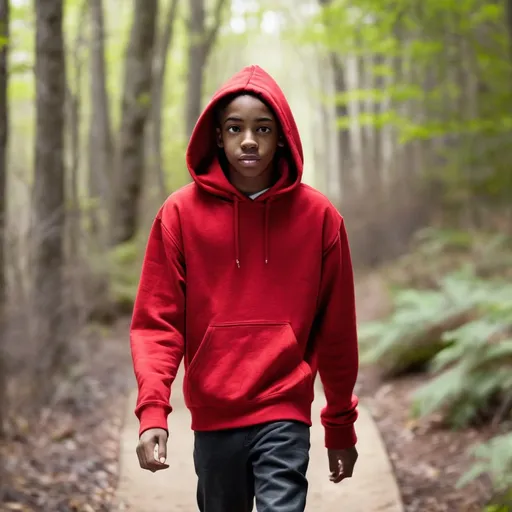 Prompt: Teenage Black Boy wearing a red hoodie walking down a path in the woods