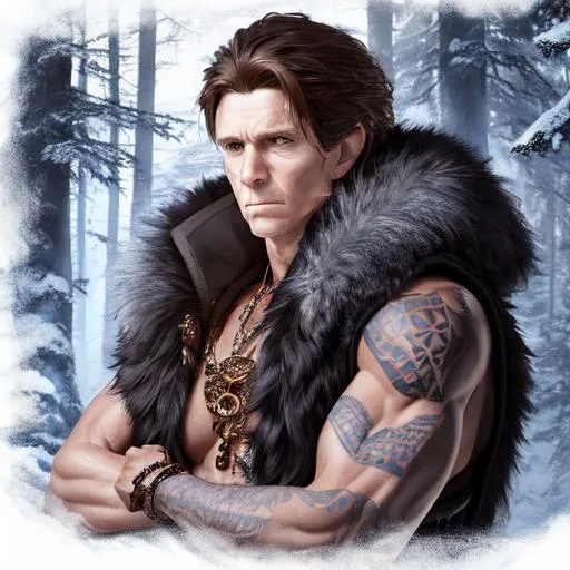 Prompt: portrait of a (handsome tribal sorcerer in a sleeveless fur jacket, with arcane tattos) , forest hut background, D&D setting, detailed face, smooth, perfect composition, hyperrealistic, super detailed, 8k, high quality, trending art, trending on artstation, sharp focus, studio photo, intricate details, highly detailed, by matte digital illustration, by koyorin, donato giancola, pixiv