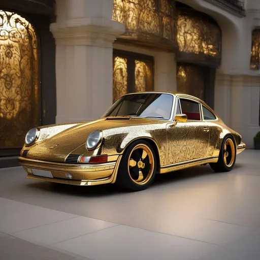 Prompt: A Porsche 911 made out of gold and colored filigree wrought iron work